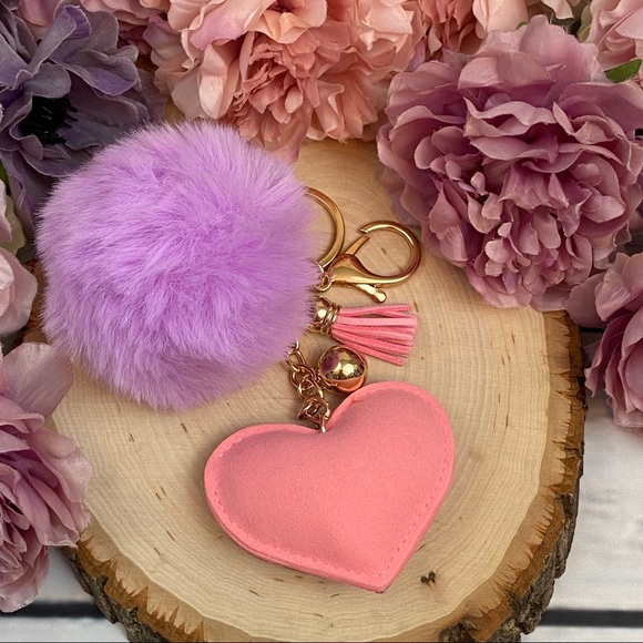 Heart with Pink Rhinestones & Pom Pom on Keychain - Picture 11 of 13